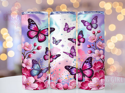 Elegant Pink Butterfly Floral Tumbler, Seamless Floral Pattern, Romantic Bloom Design, 20Oz Sublimation Wrap, Elegant Butterfly Art, Soft Flower Texture, Tumbler Sublimation Sublimation SvggirlplusArt 