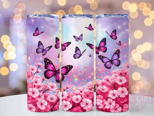 Elegant Pink Butterfly Floral Tumbler, Seamless Floral Pattern, Romantic Bloom Design, 20Oz Sublimation Wrap, Elegant Butterfly Art, Soft Flower Texture, Tumbler Sublimation Sublimation SvggirlplusArt 