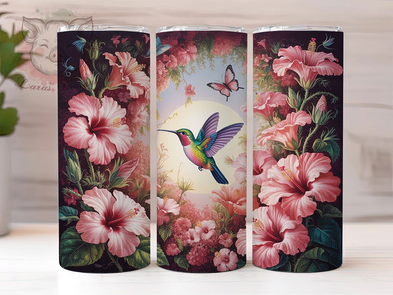 Elegant Pink Floral Hummingbird Tumbler, Pink Flower Tumbler, Elegant Bird Wrap, Spring Hummingbird Wrap, Artistic Floral Wrap, Sublimation Design, Trendy Gift Idea Sublimation Lara' s Designs 