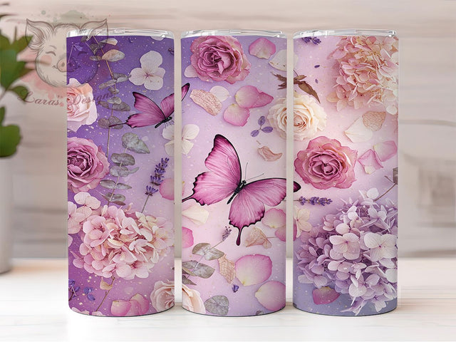 Elegant Purple Butterfly Floral Tumbler, Floral Tumbler Wrap, 20oz Skinny Tumbler PNG, Butterfly Flower Design, Sublimation Tumbler Wrap, Elegant Purple Tumbler, Butterfly Aesthetic Sublimation Lara' s Designs 