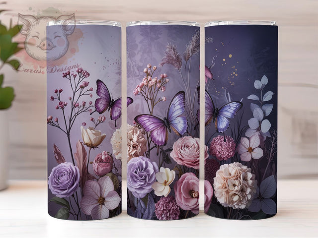 Elegant Purple Butterfly Floral Tumbler, Floral Tumbler Wrap, 20oz Skinny Tumbler PNG, Butterfly Flower Design, Sublimation Tumbler Wrap, Elegant Purple Tumbler, Butterfly Aesthetic Sublimation Lara' s Designs 