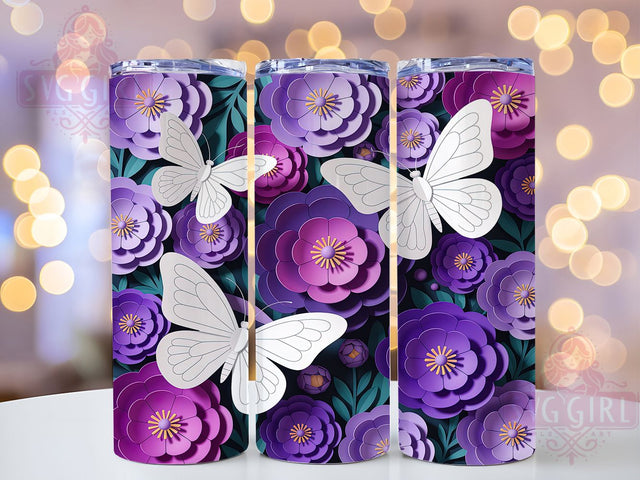 Elegant Purple Butterfly Floral Tumbler, Purple Flower Pattern, Romantic Nature Design, 20Oz Sublimation Wrap, Elegant Butterfly Art, Spring Bloom Texture, Tumbler Sublimation Sublimation SvggirlplusArt 