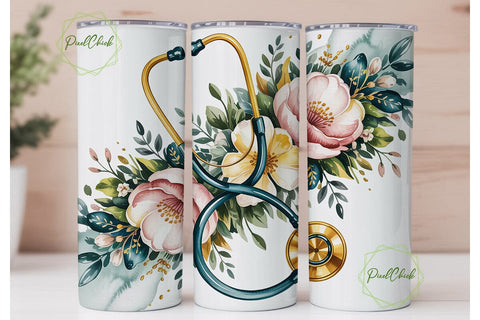 Elegant Stethoscope Floral 20oz Tumbler Sublimation PixelChick 