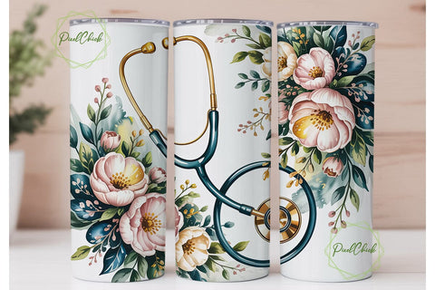 Elegant Stethoscope Floral 20oz Tumbler Sublimation PixelChick 
