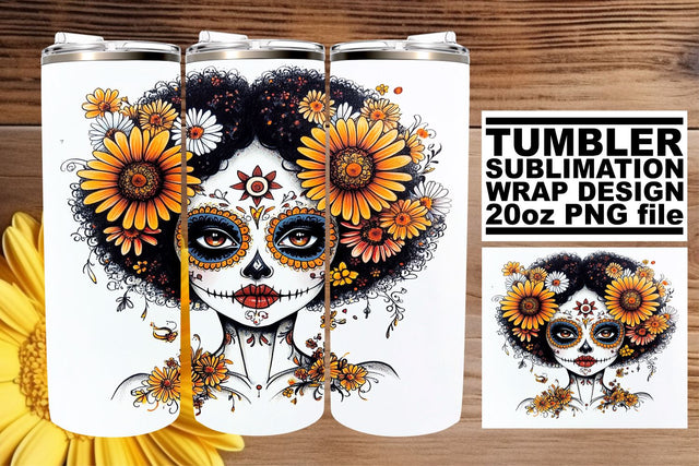 Elegant Sugar Skull Wrap – 20oz Watercolor Tumbler Art Sublimation afrosvg 