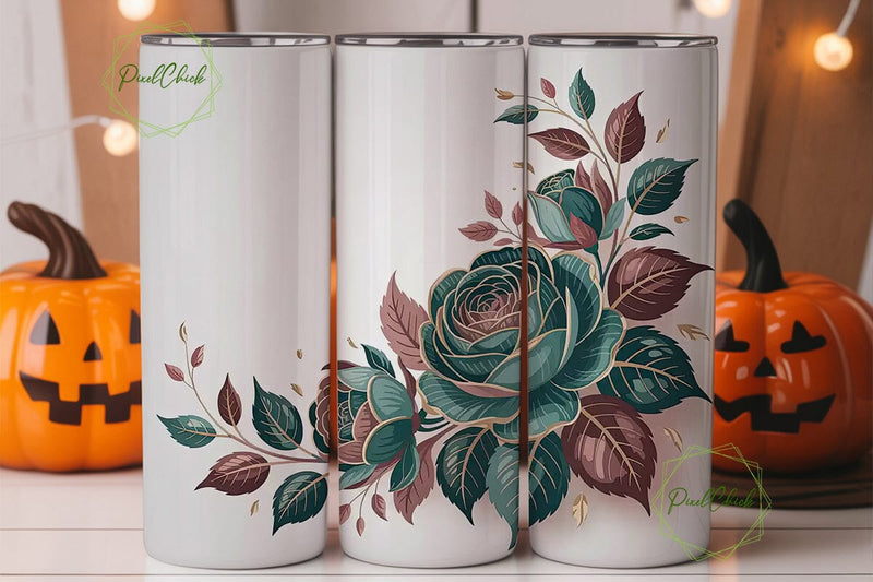 Elegant Teal & Brown Floral 20oz Tumbler Sublimation PixelChick 