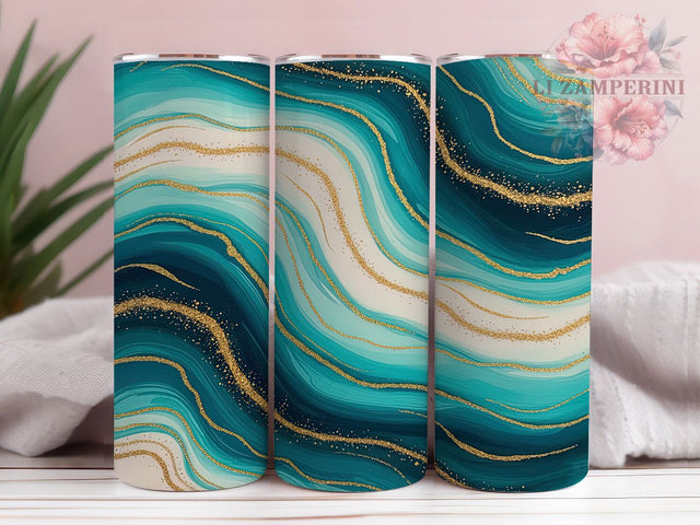 Elegant Teal Gold Alcohol Ink Tumbler, Alcohol Ink Wrap, 20oz Tumbler Sublimation, Gold Glitter Stone Design, Shimmer Ink Tumbler, Luxe Crystal Wrap, Elegant Teal Sublimation Sublimation Li Zamperini 