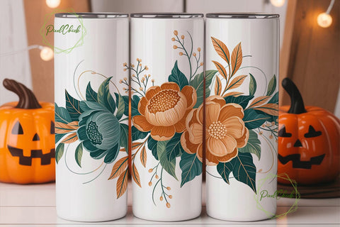 Elegant Teal Orange Flowers Tumbler Wrap Sublimation PixelChick 