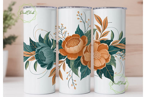 Elegant Teal Orange Flowers Tumbler Wrap Sublimation PixelChick 