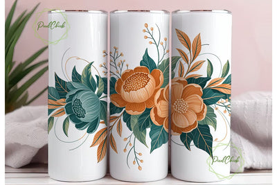 Elegant Teal Orange Flowers Tumbler Wrap Sublimation PixelChick 
