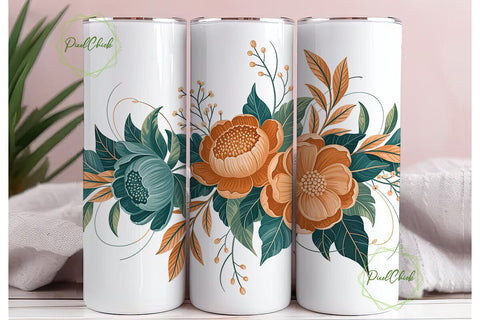 Elegant Teal Orange Flowers Tumbler Wrap Sublimation PixelChick 