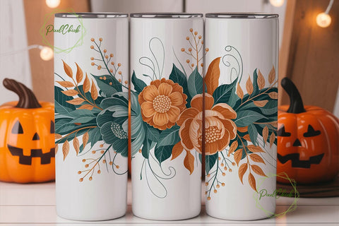 Elegant Teal Orange Flowers Tumbler Wrap Sublimation PixelChick 