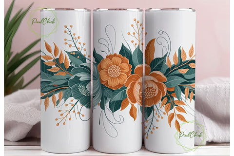 Elegant Teal Orange Flowers Tumbler Wrap Sublimation PixelChick 