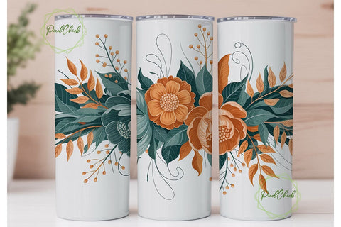 Elegant Teal Orange Flowers Tumbler Wrap Sublimation PixelChick 