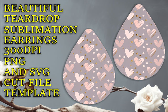 Elegant teardrop earrings design, crisp and clear PNG, Heart Sublimation HoodArtCraft 