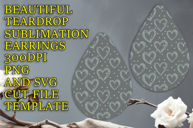 Elegant teardrop earrings design, ready for sublimation, Heart Sublimation HoodArtCraft 