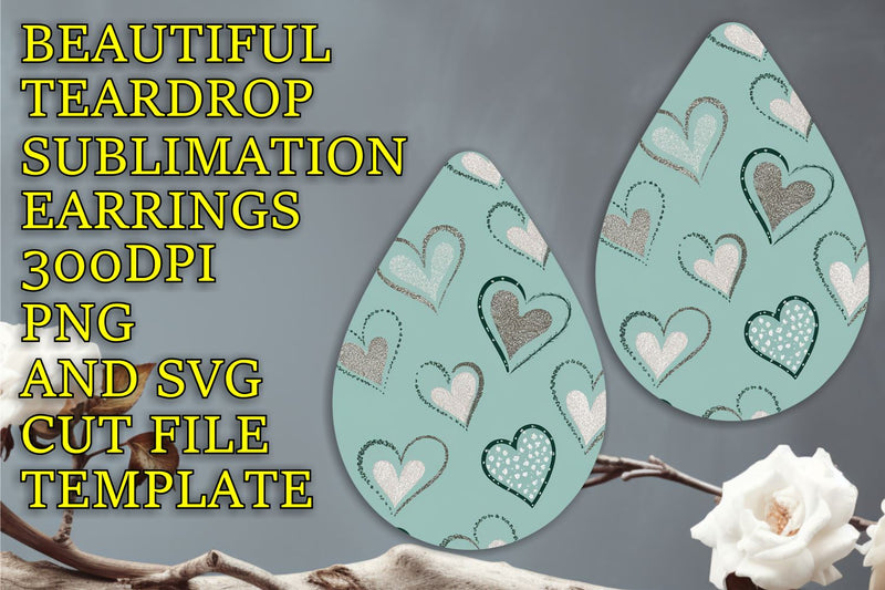 Elegant teardrop earrings design, vibrant quality PNG, Heart Sublimation HoodArtCraft 