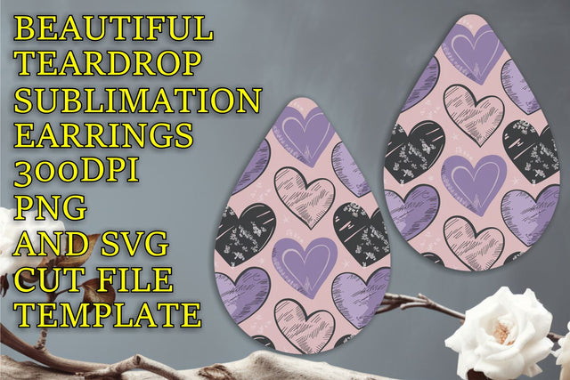 Elegant teardrop earrings sublimation template, quality PNG, Heart Sublimation HoodArtCraft 