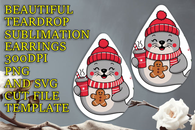Elegant teardrop earrings template, vibrant printable PNG, Christmas Sublimation HoodArtCraft 