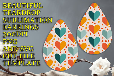 Elegant teardrop earrings template, vibrant printable PNG, Heart Sublimation HoodArtCraft 