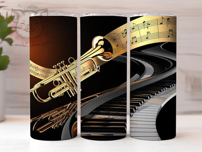 Elegant Trumpet Music Tumbler, Piano Tumbler Design, Black Gold Foil Notes, Sublimation Design, Music Lover Gift, Elegant Trumpet Wrap, Stylish Musical Tumbler Sublimation Lara' s Designs 