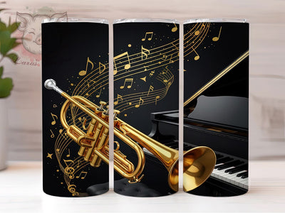 Elegant Trumpet Music Tumbler, Piano Tumbler Design, Black Gold Foil Notes, Sublimation Design, Music Lover Gift, Elegant Trumpet Wrap, Stylish Musical Tumbler Sublimation Lara' s Designs 