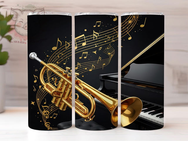Elegant Trumpet Music Tumbler, Piano Tumbler Design, Black Gold Foil Notes, Sublimation Design, Music Lover Gift, Elegant Trumpet Wrap, Stylish Musical Tumbler Sublimation Lara' s Designs 