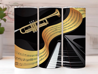 Elegant Trumpet Music Tumbler, Piano Tumbler Design, Black Gold Foil Notes, Sublimation Design, Music Lover Gift, Elegant Trumpet Wrap, Stylish Musical Tumbler Sublimation Lara' s Designs 