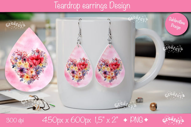 Elegant Valentine Earrings – Teardrop Floral Heart PNG Design Sublimation Createya Design 