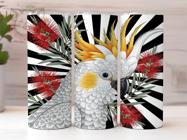 Elegant & Vibrant Australian Cockatoo Tumbler, Bottlebrush Flower Design, Native Bird Wrap, Aussie Flora Sublimation, Wildlife Tumbler Design, 20oz Bird Lover Gift, DIY Australian Nature Sublimation Lara' s Designs 