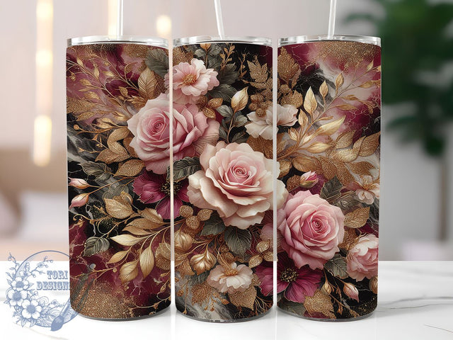 Elegant Vintage Floral Tumbler Wrap, Pink Rose Wrap, Gold Flower Design, Seamless Rose Tumbler, 20oz Floral Wrap, Elegant Tumbler Design, Romantic Floral Sublimation Sublimation ToriDesigns 