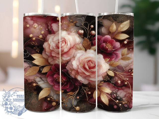 Elegant Vintage Floral Tumbler Wrap, Pink Rose Wrap, Gold Flower Design, Seamless Rose Tumbler, 20oz Floral Wrap, Elegant Tumbler Design, Romantic Floral Sublimation Sublimation ToriDesigns 