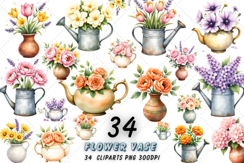 Elegant Watercolor Floral Vase Clipart Collection, PNG, Flowers in Vase Clip Art, Floral Bundle, Watercolor Flower Vase Clipart Sublimation FloridPrintables 