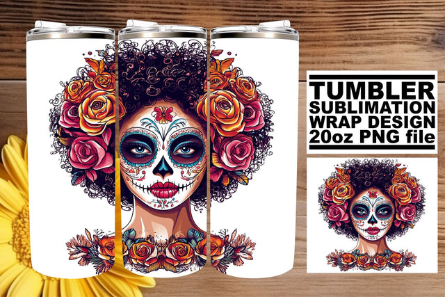 Elegant Watercolor Sugar Skull – 20oz Tumbler Wrap Sublimation afrosvg 