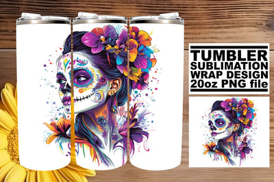 Elegant Watercolor Sugar Skull Tumbler – 20oz Design Sublimation afrosvg 