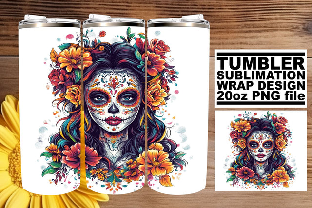 Elegant Watercolor Sugar Skull Wrap – 20oz Design Sublimation afrosvg 