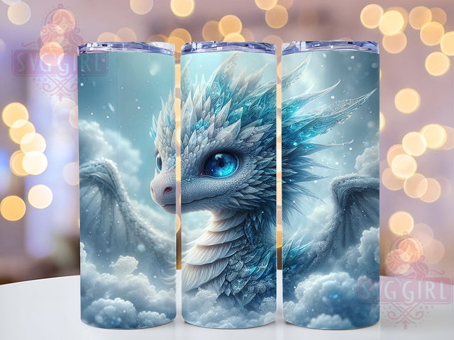 Elegant White Frosted Dragon Tumbler, Glass Effect Wrap, 20Oz Skinny Tumbler, Fantasy Dragon Sublimation, Elegant Creature Design, Frosted Dragon Wrap, Mythical Beast Tumbler Sublimation SvggirlplusArt 