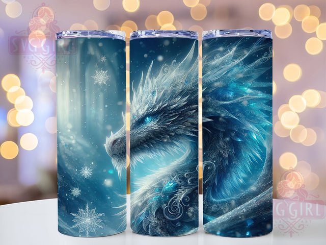 Elegant White Frosted Dragon Tumbler, Glass Effect Wrap, 20Oz Skinny Tumbler, Fantasy Dragon Sublimation, Elegant Creature Design, Frosted Dragon Wrap, Mythical Beast Tumbler Sublimation SvggirlplusArt 
