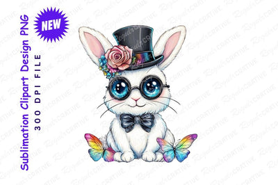 Elegant White Rabbit With Top Hat Glasses And Butterflies Cartoon Character Illustration Sublimation Regulrcrative 