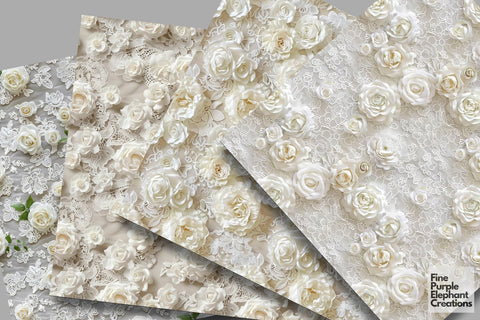 Elegant White Rose Lace Digital Paper | Delicate Wedding Sublimation Digital Pattern Fine Purple Elephant Creations 