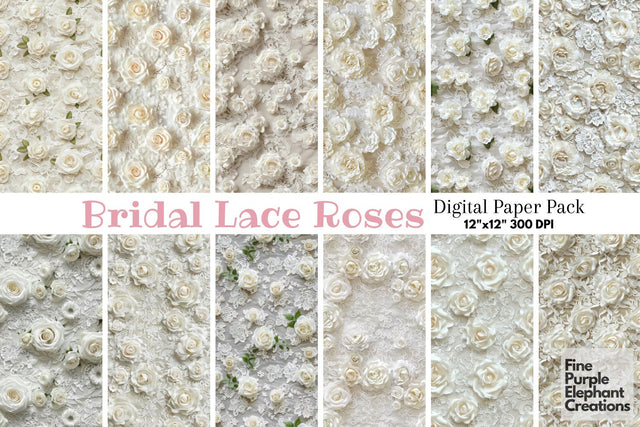 Elegant White Rose Lace Digital Paper | Delicate Wedding Sublimation Digital Pattern Fine Purple Elephant Creations 