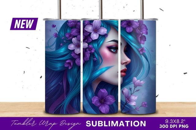 Elegant Woman With Blue Hair And Flowers Sublimation Regulrcrative 