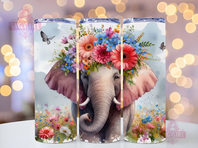 Elephant and flower 20 oz skinny tumbler sublimation design, Boho Watercolor Floral animal digital PNG Straight wrap Waterslide download Sublimation SvggirlplusArt 