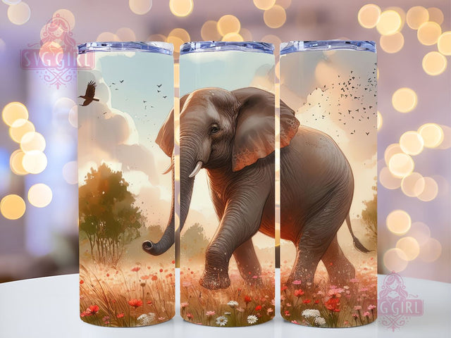 Elephant and flower 20 oz skinny tumbler sublimation design, Boho Watercolor Floral animal digital PNG Straight wrap Waterslide download Sublimation SvggirlplusArt 