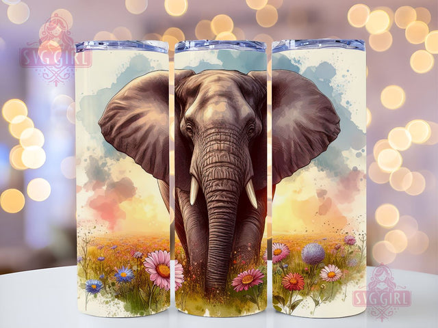 Elephant and flower 20 oz skinny tumbler sublimation design, Boho Watercolor Floral animal digital PNG Straight wrap Waterslide download Sublimation SvggirlplusArt 