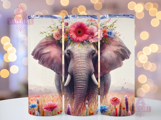 Elephant and flower 20 oz skinny tumbler sublimation design, Boho Watercolor Floral animal digital PNG Straight wrap Waterslide download Sublimation SvggirlplusArt 