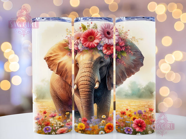 Elephant and flower 20 oz skinny tumbler sublimation design, Boho Watercolor Floral animal digital PNG Straight wrap Waterslide download Sublimation SvggirlplusArt 
