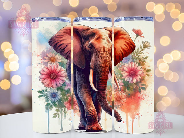 Elephant and flower 20 oz skinny tumbler sublimation design, Boho Watercolor Floral animal digital PNG Straight wrap Waterslide download Sublimation SvggirlplusArt 