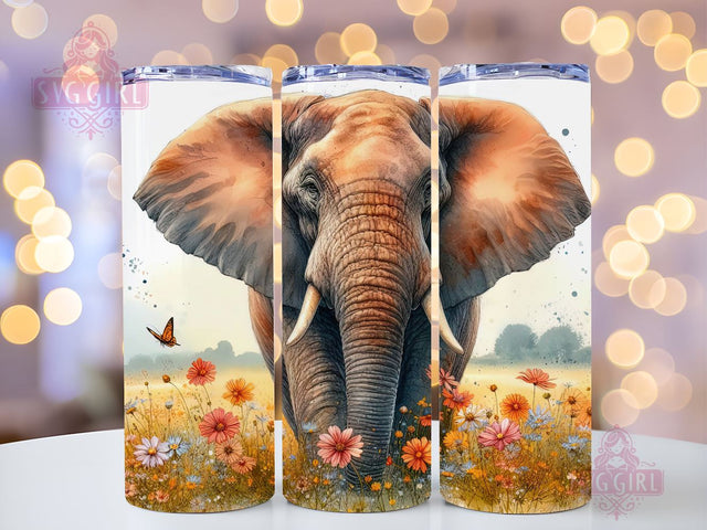 Elephant and flower 20 oz skinny tumbler sublimation design, Boho Watercolor Floral animal digital PNG Straight wrap Waterslide download Sublimation SvggirlplusArt 