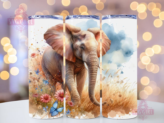 Elephant and flower 20 oz skinny tumbler sublimation design, Boho Watercolor Floral animal digital PNG Straight wrap Waterslide download Sublimation SvggirlplusArt 